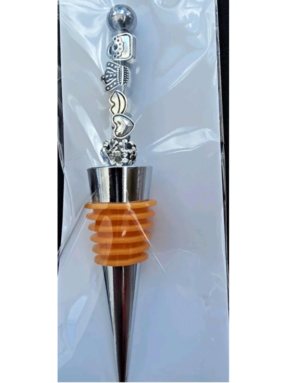 Handcrafted Silver Metal Angel Wine Bottle Stopper w/ Orange Rubber Seal, 5 in